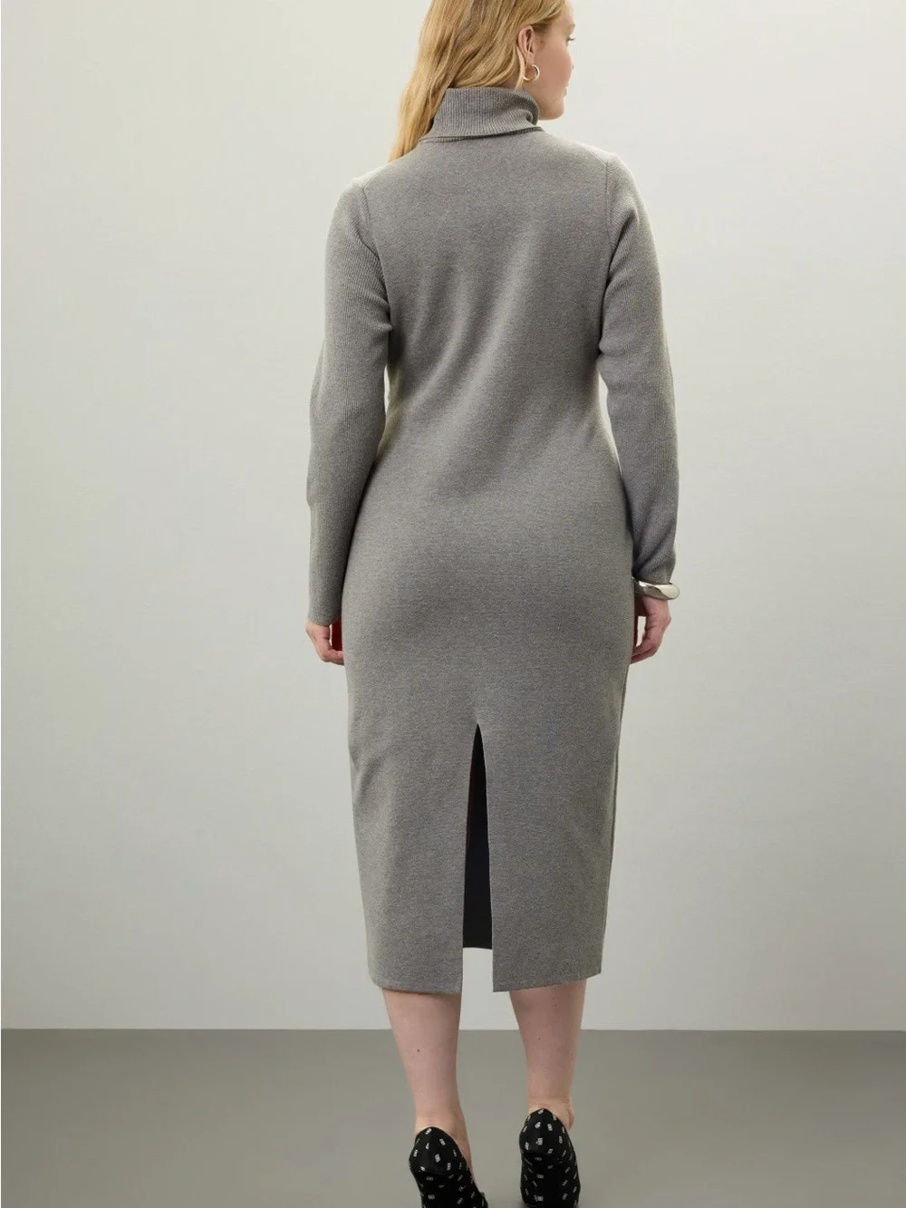 Turtleneck Tie-Waist Knit Midi Dress - Gray - Picture 5 of 9